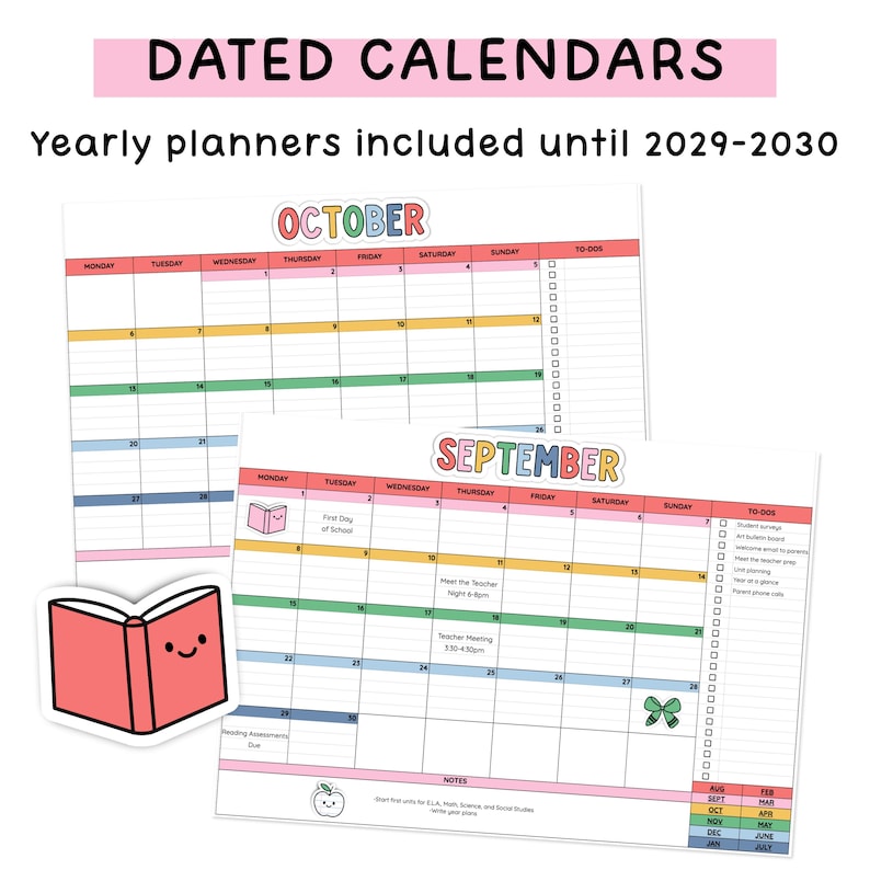 May include: Dated calendars with yearly planners included until 2029-2030. The pages feature monthly grids for October and September with colorful headers, a to-do list column, and small illustrations of a smiling book and an apple.