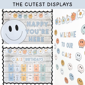 May include: A classroom bulletin board set featuring a wood-grain background, scalloped black borders, and pastel-coloured smiley face and flower cutouts. Text includes THE CUTEST DISPLAYS, HAPPY YOU'RE HERE, CLASS BIRTHDAYS, and WELCOME TO OUR CLASS.