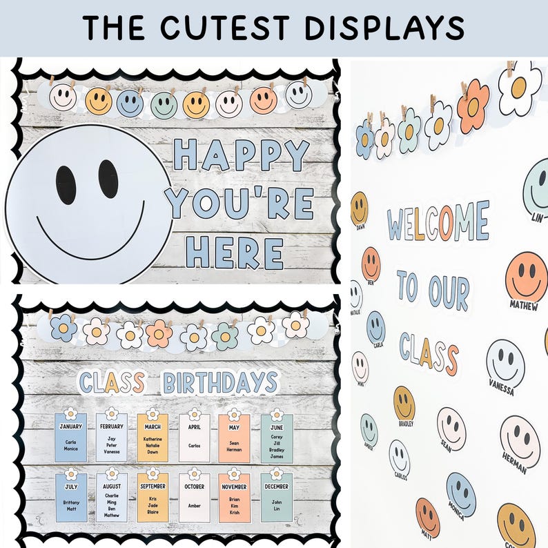 May include: A classroom bulletin board set featuring a wood-grain background, scalloped black borders, and pastel-coloured smiley face and flower cutouts. Text includes THE CUTEST DISPLAYS, HAPPY YOU'RE HERE, CLASS BIRTHDAYS, and WELCOME TO OUR CLASS.
