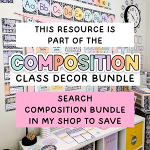 May include: A classroom decor set featuring a black and white composition notebook pattern. The display includes alphabet cards, level of understanding charts, a clock, and various organizational labels with pastel accents and black text.