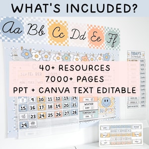 May include: A classroom decor set featuring an alphabet banner with checkered circles, a calendar with flower accents, a daily schedule chart, and a small storage organiser with labelled drawers. Text includes WHAT'S INCLUDED, 40+ RESOURCES, 7000+ PAGES, PPT + CANVA TEXT EDITABLE.