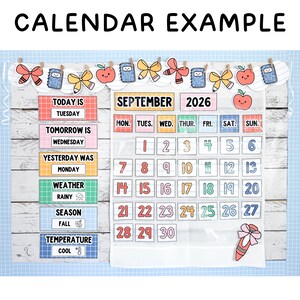 Puede incluir: Un conjunto de calendario escolar que presenta una cuadr&iacute;cula para septiembre de 2026, tarjetas de d&iacute;as de la semana y rastreadores del clima. Incluye etiquetas coloridas para hoy, ma&ntilde;ana, ayer, clima, estaci&oacute;n y temperatura con iconos.