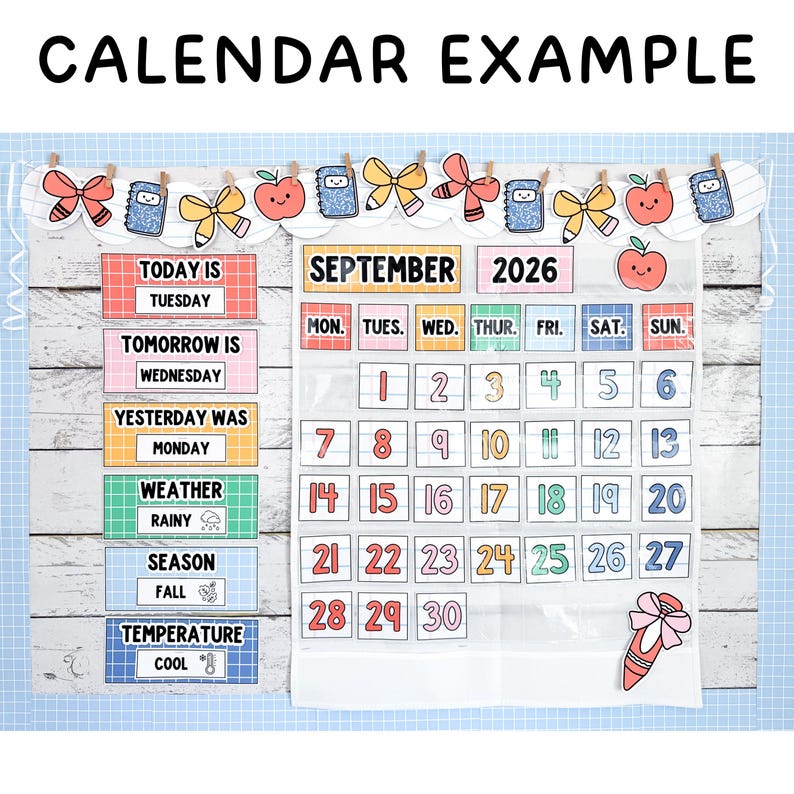 Puede incluir: Un conjunto de calendario escolar que presenta una cuadr&iacute;cula para septiembre de 2026, tarjetas de d&iacute;as de la semana y rastreadores del clima. Incluye etiquetas coloridas para hoy, ma&ntilde;ana, ayer, clima, estaci&oacute;n y temperatura con iconos.