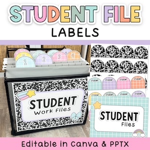 May include: A black mesh file organizer containing hanging folders with pastel grid-patterned tabs numbered one through four. The front features a label reading Student Work Files with a star and bow graphic. Includes sheets of numbered and labeled stickers.