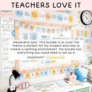 May include: A classroom decor bundle featuring pastel-coloured alphabet cards, a smiley face banner, a levels of understanding chart, a monthly calendar, and number line strips. The set includes various educational posters with floral accents.