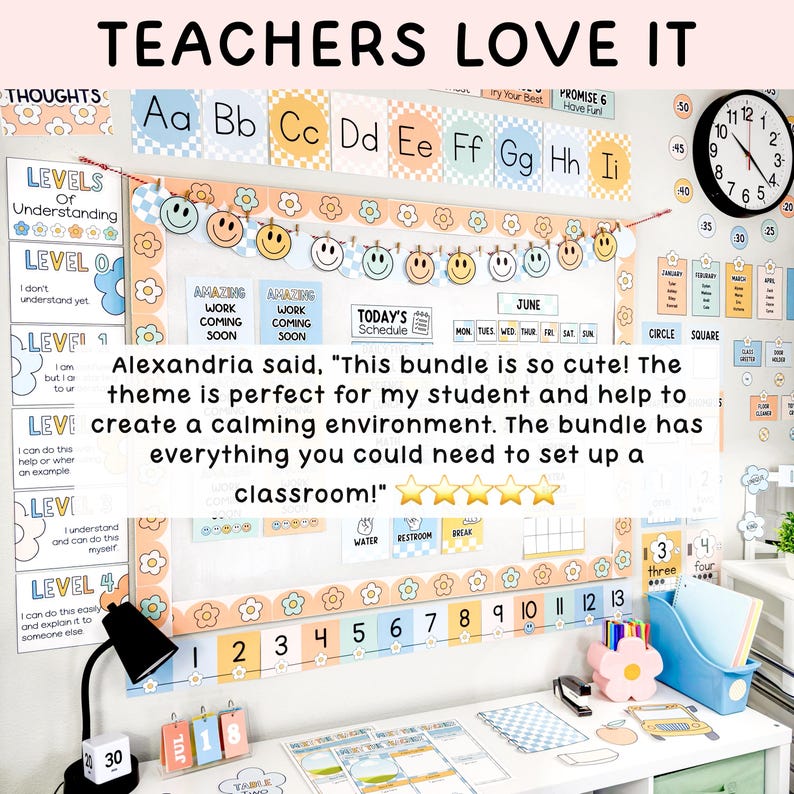 May include: A classroom decor bundle featuring pastel-coloured alphabet cards, a smiley face banner, a levels of understanding chart, a monthly calendar, and number line strips. The set includes various educational posters with floral accents.