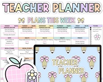 May include: A digital Google Sheets teacher planner template featuring a weekly schedule grid with pastel headers. The display includes a laptop screen showing a light blue background with pencil icons, a pink grid apple icon, and a flower paperclip icon.