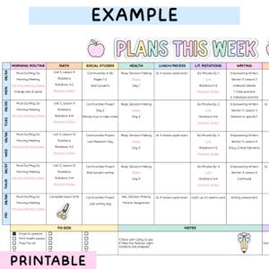 May include: A digital weekly lesson planner template featuring a grid layout with columns for Morning Routine, Math, Social Studies, Health, Lunch, Lit Rotations, and Writing. The header reads Plans This Week with a pink apple and pencil icon.