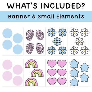 May include: A set of digital clipart images featuring various shapes and designs. The images include blue circles, pink circles, pink hearts, blue stars, brains, rainbows, daisies, and white daisies.