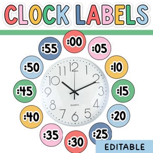 May include: A set of colorful circular clock labels featuring black text from :00 to :55, arranged around a central white analog quartz wall clock. The text CLOCK LABELS appears at the top in multi-colored letters, with the word EDITABLE at the bottom.