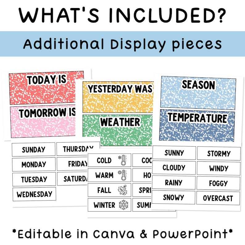 Puede incluir: Tarjetas educativas con el texto WHAT'S INCLUDED? Additional Display pieces. Las tarjetas incluyen encabezados para TODAY IS, YESTERDAY WAS, TOMORROW IS, WEATHER, SEASON y TEMPERATURE, con listas de d&iacute;as, condiciones clim&aacute;ticas y estaciones.