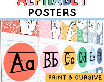 Pósteres brillantes del alfabeto, pósteres de ASL, pósteres del alfabeto cursivo y pósteres de formación de letras para la decoración de composiciones y la decoración brillante del aula.