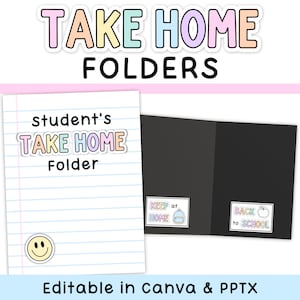 May include: A student's take home folder set featuring a white cover with blue lines, a smiley face icon, and the text 'student's TAKE HOME Folder'. The interior is black with labels reading 'KEEP at HOME' with a backpack icon and 'BACK to SCHOOL' with an apple icon.
