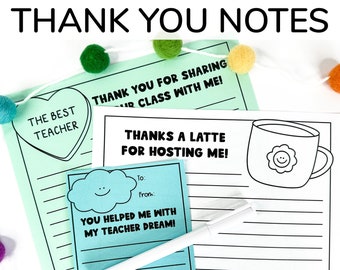 Puede incluir: Una colección de notas de agradecimiento para estudiantes y profesores. Las notas presentan frases como "El mejor profesor" y "¡Gracias por hospedarme!" Un bolígrafo blanco descansa sobre una nota azul. El texto "Notas de agradecimiento para estudiantes y profesores" está en la parte superior.