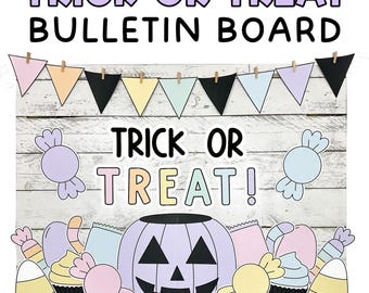 Può includere: Bacheca a tema Halloween con le parole "Trick or Treat" a grandi lettere. Il design include una zucca viola, caramelle e uno striscione con gagliardetti dai colori pastello. Le parole "Trick or Treat Bulletin Board" sono in alto.