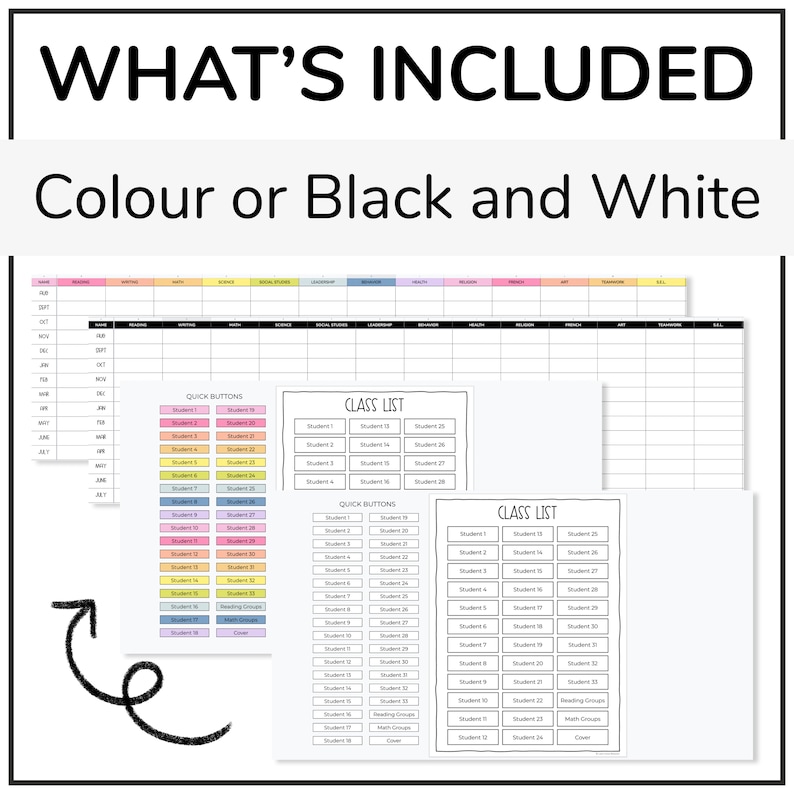 May include: A printable classroom organization chart with a monthly calendar, class list, and quick buttons. The chart is available in color or black and white.