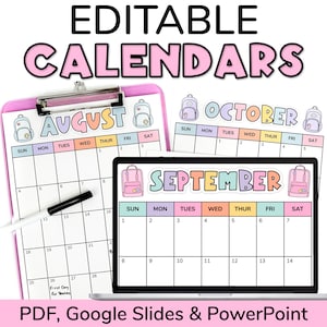Peut inclure: Calendriers mensuels modifiables pour août, septembre et octobre. Les calendriers présentent un design de sac à dos coloré et sont disponibles aux formats PDF, Google Slides et PowerPoint.