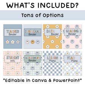 May include: A digital collection of eight binder covers featuring pastel colors, checkerboard patterns, and flower or smiley face icons. Text includes Teacher Binder, Sub Plans, Data, Grading, Student Info, Assessment, Lesson Plans, and Year Plans.