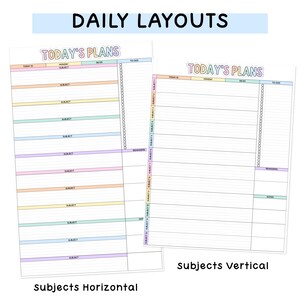 May include: Two daily planner sheets with the text DAILY LAYOUTS at the top. Each sheet features the header TODAY'S PLANS, horizontal lines for subjects, a column for to-dos, and sections for reminders and notes in a colorful pastel palette.