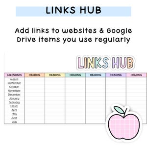 May include: A digital planner page titled LINKS HUB with the text Add links to websites & Google Drive items you use regularly. It features a table with columns labeled HEADING and a list of months from August to July. A pink apple icon is included.