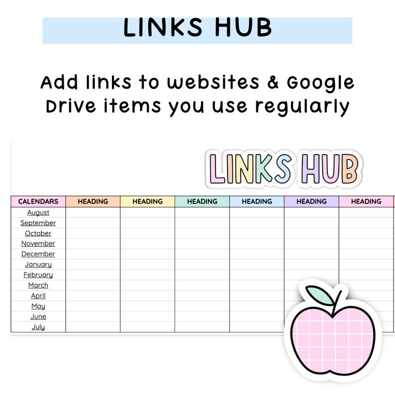 May include: A digital planner page titled LINKS HUB with the text Add links to websites & Google Drive items you use regularly. It features a table with columns labeled HEADING and a list of months from August to July. A pink apple icon is included.