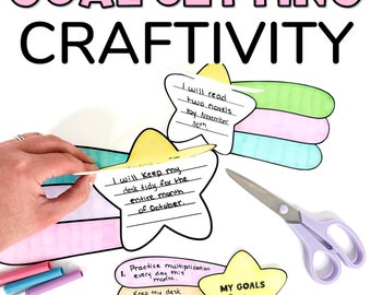 Puede incluir: Una actividad de manualidades para establecer objetivos para niños. La manualidad utiliza un arcoíris y una estrella. La imagen muestra a un niño escribiendo objetivos en la estrella. Los objetivos son: "Voy a mantener mi escritorio ordenado durante todo el mes de octubre." y "Voy a leer dos novelas para el 30 de noviembre."