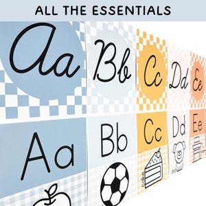 May include: A series of educational wall posters titled ALL THE ESSENTIALS, featuring the alphabet in cursive and print. Each card displays a letter with a corresponding illustration like an apple, football, cake, dog, and desk in pastel colours.