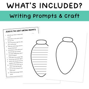 Op de afbeelding: Een wit papier met de tekst "WHAT'S INCLUDED? Writing Prompts & Craft" bovenaan. Hieronder staan ​​schrijftips over Jezus en twee omtrektekens van kerstverlichting.