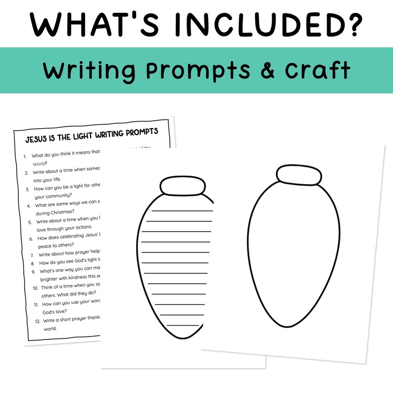 Op de afbeelding: Een wit papier met de tekst "WHAT'S INCLUDED? Writing Prompts & Craft" bovenaan. Hieronder staan ​​schrijftips over Jezus en twee omtrektekens van kerstverlichting.