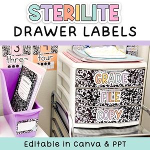 May include: A white plastic three-drawer storage unit featuring black and white composition notebook patterned labels on each drawer with the text GRADE, FILE, and COPY in pastel colours. A purple plastic bin holds notebooks nearby.