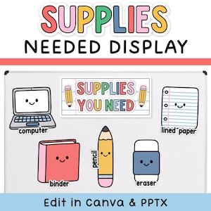May include: A classroom display set featuring the text SUPPLIES NEEDED DISPLAY and a sign reading SUPPLIES YOU NEED. Includes cartoon illustrations of a computer, lined paper, a binder, a pencil, and an eraser, each with a smiling face.