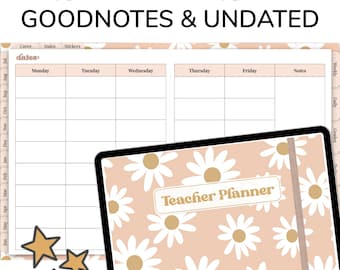 May include: A digital planner template for teachers with a daisy pattern background. The planner includes sections for dates, Monday through Friday, notes, weekly, daily, and grades. The text "Teacher Planner" is displayed on the cover.