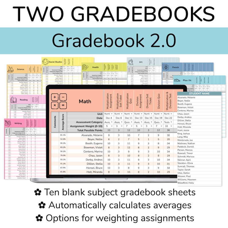 May include: A laptop computer screen displaying a digital gradebook with a colorful interface. The gradebook is titled "Math" and includes columns for student names, assignments, and grades. The gradebook also includes a section for comments and an average score. The laptop is on a white surface with a pink background.