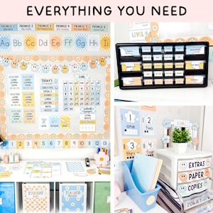 May include: A classroom organisation set featuring a bulletin board with a calendar, schedule, and alphabet strip, a black multi-drawer organiser labelled with school supplies, and a white three-drawer unit labelled Extras, Paper, and Copies.