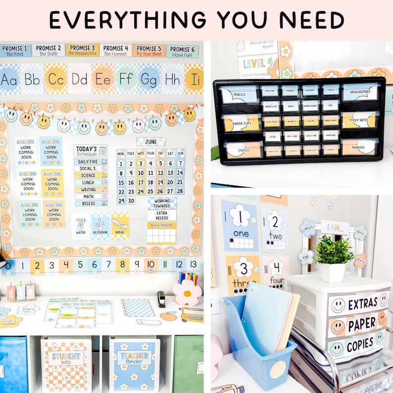 May include: A classroom organisation set featuring a bulletin board with a calendar, schedule, and alphabet strip, a black multi-drawer organiser labelled with school supplies, and a white three-drawer unit labelled Extras, Paper, and Copies.