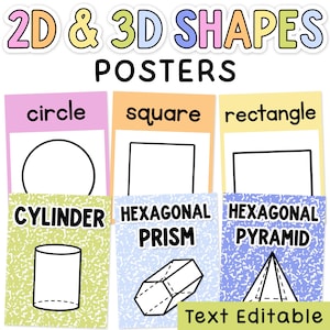 Peut inclure: Un ensemble d'affiches éducatives intitulées 2D & 3D SHAPES POSTERS. Les affiches présentent des illustrations d'un cercle, d'un carré, d'un rectangle, d'un cylindre, d'un prisme hexagonal et d'une pyramide hexagonale avec des étiquettes. Fond pastel texturé.