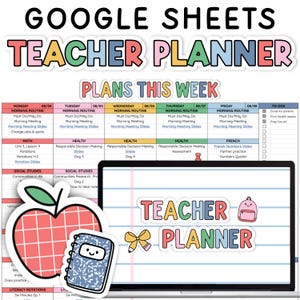 Puede incluir: Un conjunto de pegatinas de planificador de profesores de colores con las palabras "Teacher Planner" en una fuente de arcoíris. La imagen incluye un planificador digital, un cuaderno y una pegatina de manzana. El planificador muestra un horario semanal.
