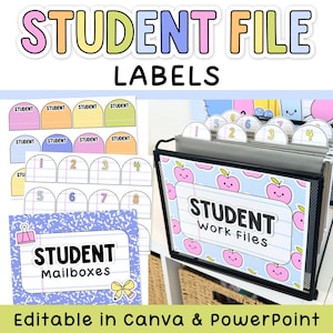 Könnte beinhalten: Ein Set aus druckbaren Schüler-Datei-Etiketten mit Pastellfarben und Apfelgrafiken. Der Text umfasst 'STUDENT FILE LABELS', 'STUDENT', 'STUDENT WORK FILES' und 'STUDENT MAILBOXES'. Das Design ist in Canva und PowerPoint bearbeitbar.
