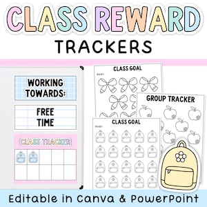 Puede incluir: Rastreadores de recompensas de clase con encabezados pastel y texto negro. Incluye hojas imprimibles con iconos de lazos, manzanas y mochilas para seguir objetivos. Muestra una pizarra con secciones para metas, tiempo libre y un marco de diez.