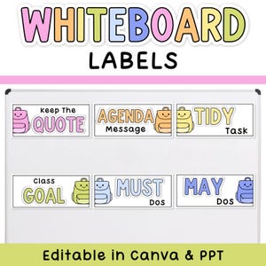 May include: Whiteboard labels with colorful text and backpack illustrations. The labels include phrases like "QUOTE," "AGENDA," "TIDY," "GOAL," "MUST," and "MAY." The text "Editable in Canva & PPT" is also present.