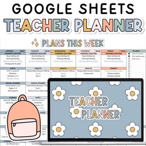 May include: A digital Google Sheets teacher planner template featuring a weekly schedule grid with columns for Monday through Friday, a to-do list, a laptop displaying a floral background, and a peach-colored backpack icon graphic.