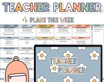 May include: A digital Google Sheets teacher planner template featuring a weekly schedule grid with columns for Monday through Friday, a to-do list, a laptop displaying a floral background, and a peach-colored backpack icon graphic.
