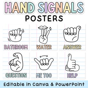 May include: A set of educational posters titled HAND SIGNALS POSTERS featuring six black and white line art illustrations of hand gestures on lined paper backgrounds. Labels include BATHROOM, WATER, ANSWER, QUESTION, ME TOO, and HELP. Editable in Canva and PowerPoint.
