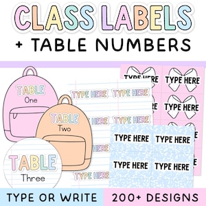 May include: A digital set of class labels and table numbers featuring pastel-colored backpack illustrations, lined paper circles, and bow-shaped tags. The text includes "CLASS LABELS + TABLE NUMBERS", "TABLE One", "TABLE Two", "TABLE Three", and "TYPE HERE".