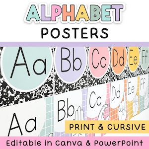 Alphabet Posters and Cursive Alphabet Posters for Composition Notebook Decor & Pastel Classroom Decor