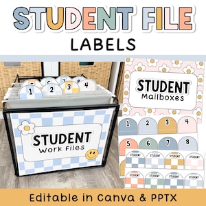 May include: A black metal file organizer containing hanging folders with numbered tabs. The front features a blue and white checkered label reading STUDENT Work Files with a flower and smiley face. Includes sheets of matching labels and mailbox signs.