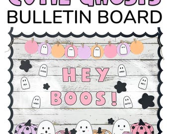 Puede incluir: Un tablero de anuncios decorado para Halloween con las palabras "Cutie Ghosts" y "Hey Boos!" en letras rosas. El tablero está decorado con fantasmas, calabazas y estrellas.
