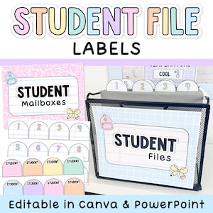 May include: A collection of student file labels and mailbox labels with a pastel color scheme. The labels include the text "STUDENT FILE LABELS", "STUDENT Mailboxes", and "STUDENT Files". The labels are editable in Canva and PowerPoint.