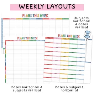 May include: Three weekly planner layouts featuring the text PLANS THIS WEEK in colorful letters. The grids organize subjects and dates in different orientations, including horizontal and vertical arrangements, with a blue pushpin icon included.