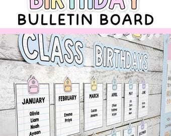 Exhibición de cumpleaños en tonos pastel editable: tablero de anuncios de feliz cumpleaños que combina con el cuaderno de composición y la decoración del aula con temas en tonos pastel.